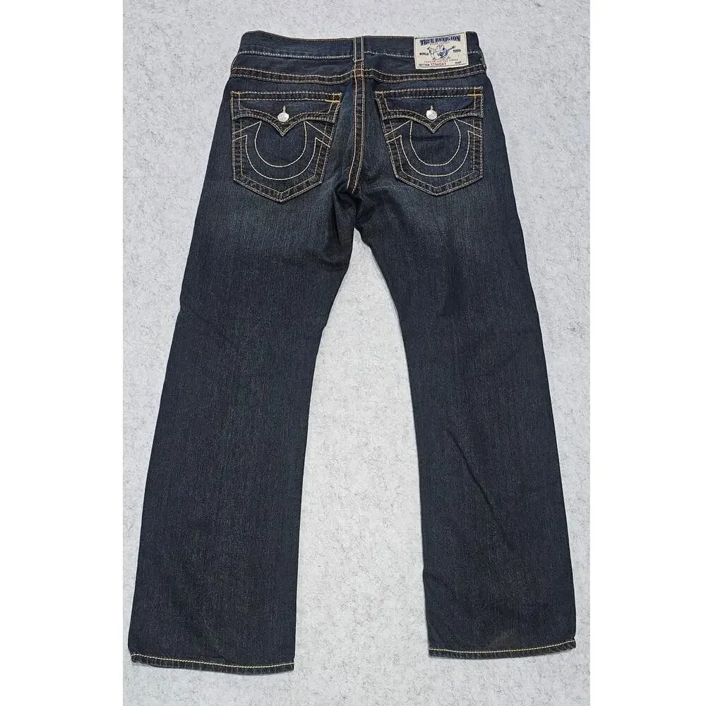 True Religion Men's Dark Wash Contrast Stitch Jeans Size 34 USA Made
